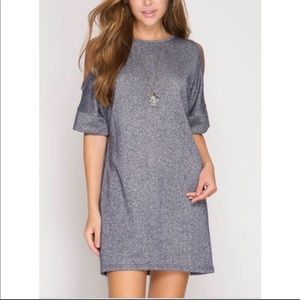 NEW Navy Short Sleeve Cold Shoulder Metallic Dress